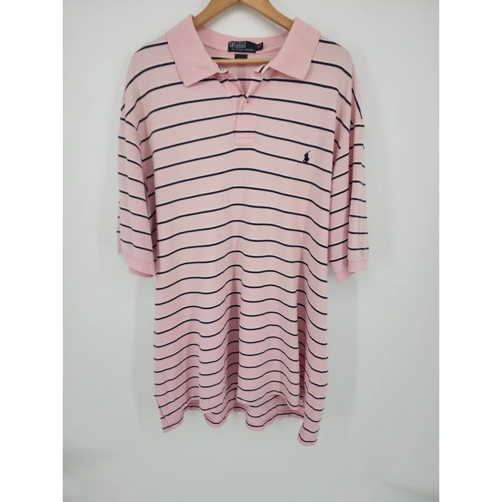 Polo Ralph Lauren Mens 2XLT Tall Pink Navy Blue Striped Cotton Pique Polo Shirt